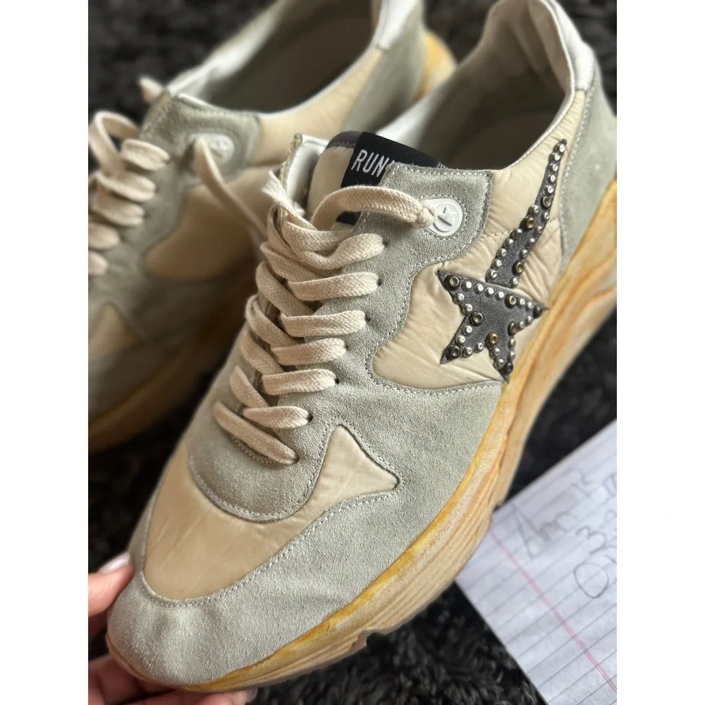 Golden Goose Running Sole Sneakers Studded Star Grey Suede Cream Mens IT 43
